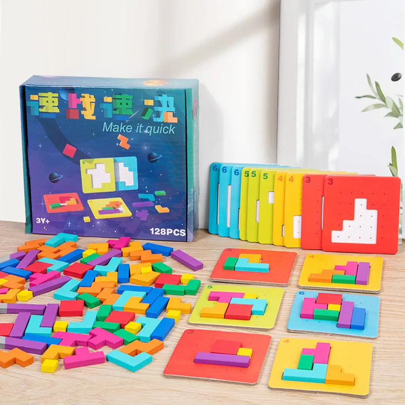 Kit Tangram 3D de Madeira – 128 Peças Educativas e Divertidas